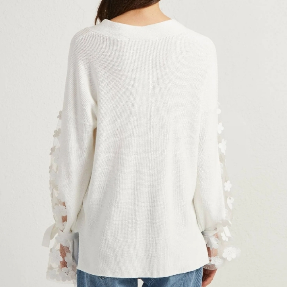 FRENCH CONNECTION Caballo Floral-Lace Sleeve Sweater ~ L - Picture 6 of 12